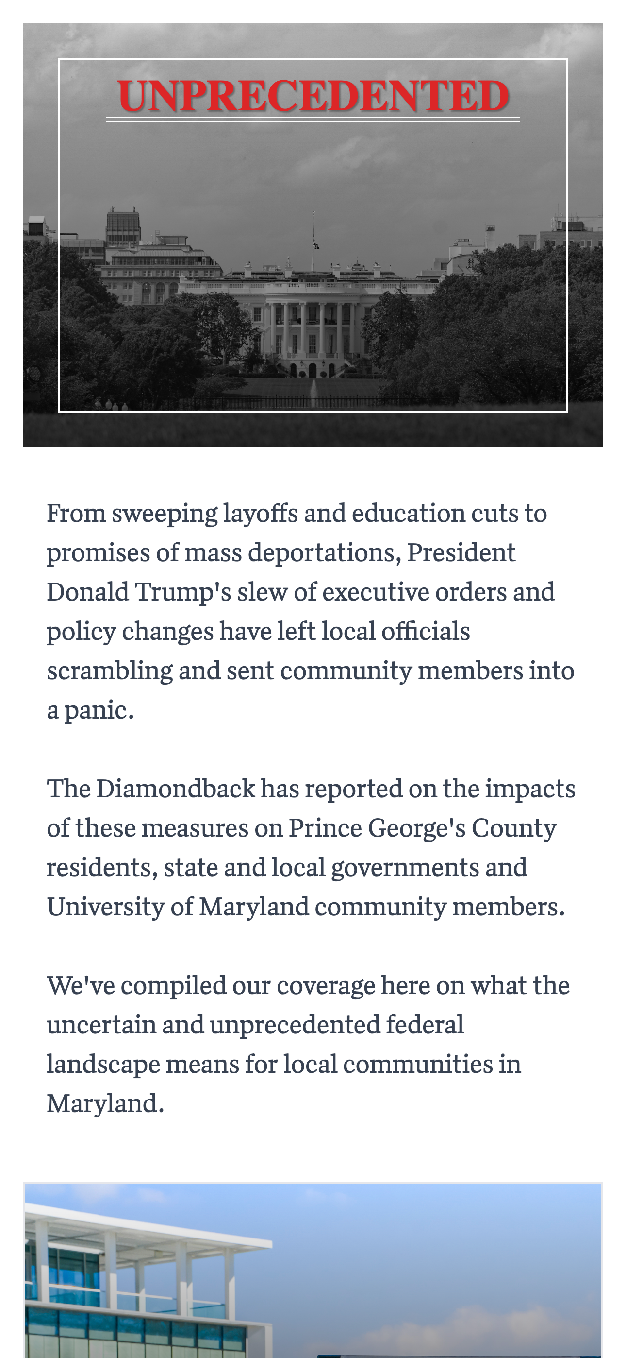 UNPRECEDENTED image, a black and white photograph of the White House